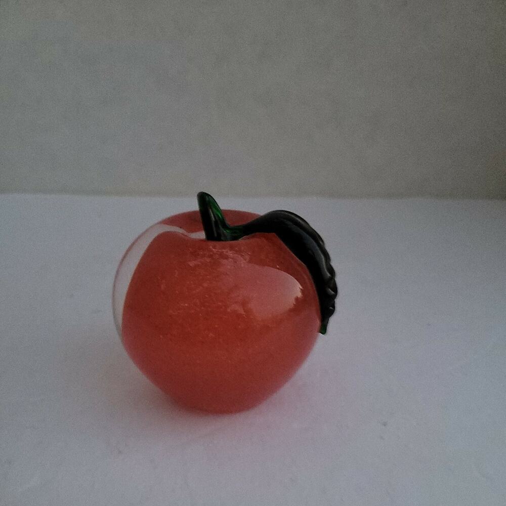 Art Glass 3" Red Apple With Green Leaf Paperweight